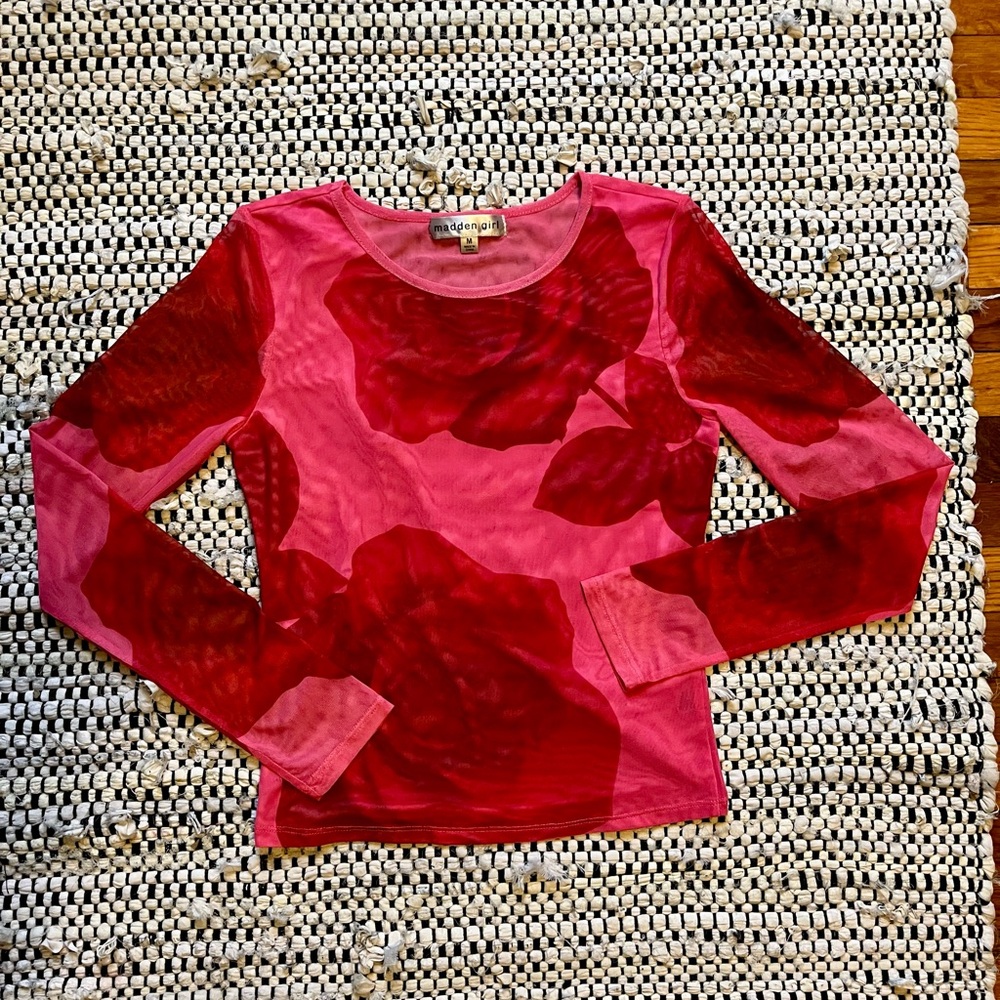 Madden Girl Pink and Red Floral Mesh Long Sleeve Tee